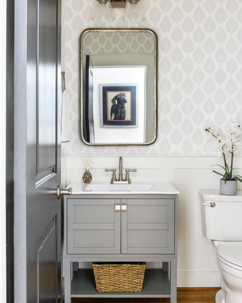 Elevate Your Bathroom with Neutral Leaf-Patterned Wallpaper