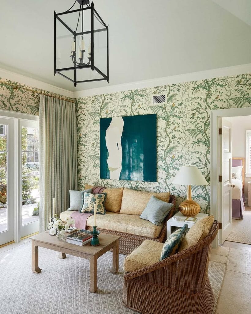 Tropical Wallpaper to Brighten a Cozy Living Room
