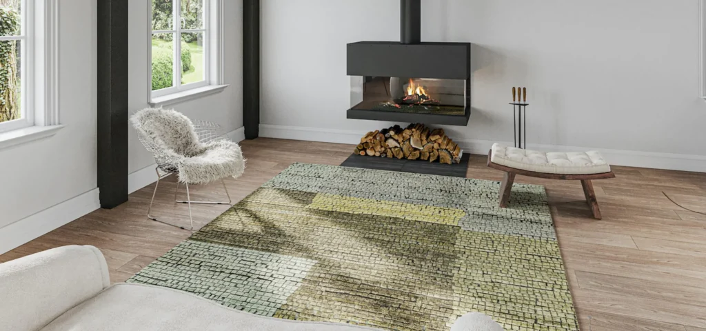 Hardwood flooring with a Persian rug in a luxury bedroom interior.