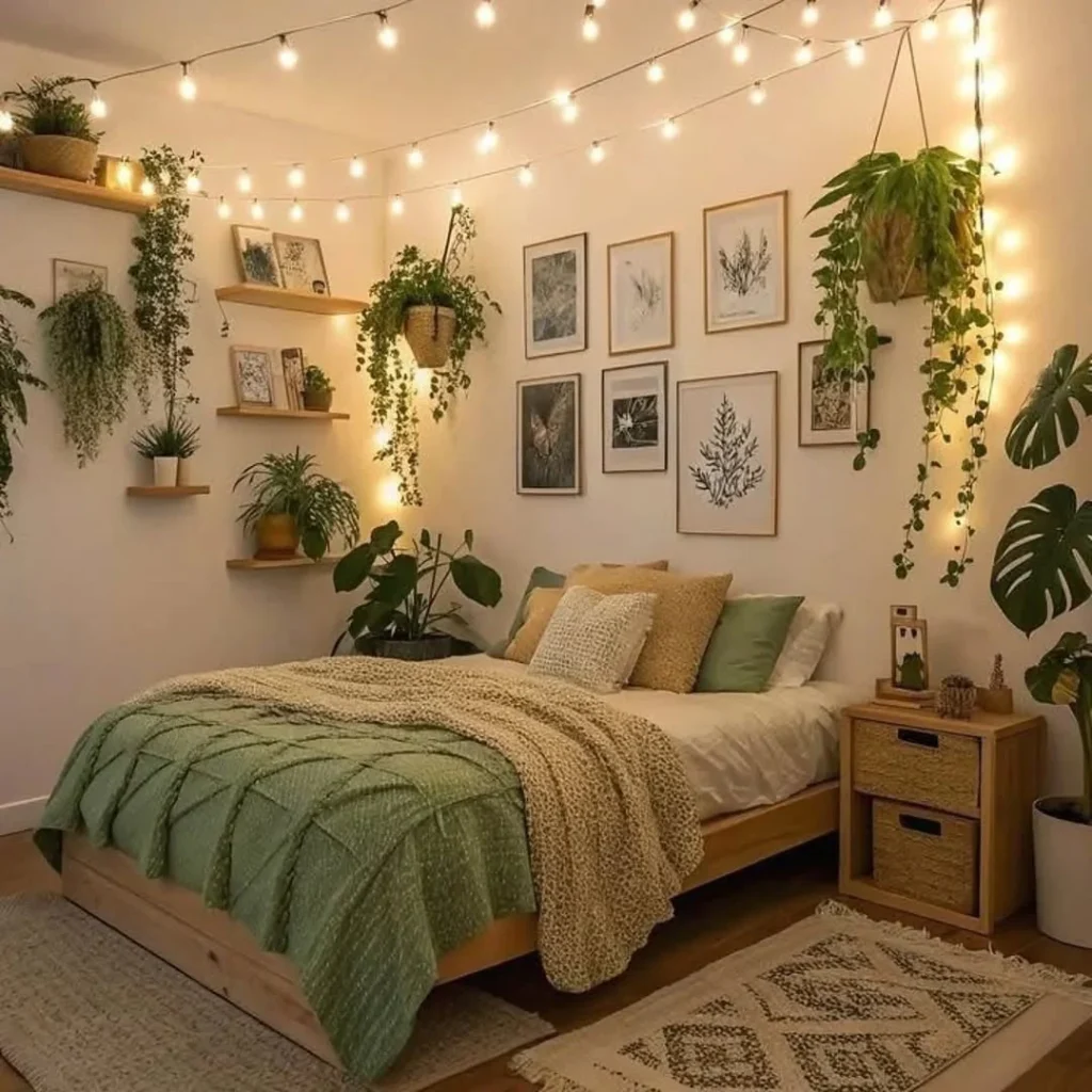 Indoor plants and wooden accents in a luxury bedroom interior.