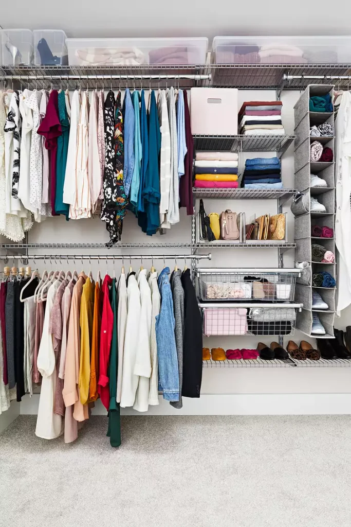 Modest fashion wardrobe with dresses, scarves, and layering pieces.