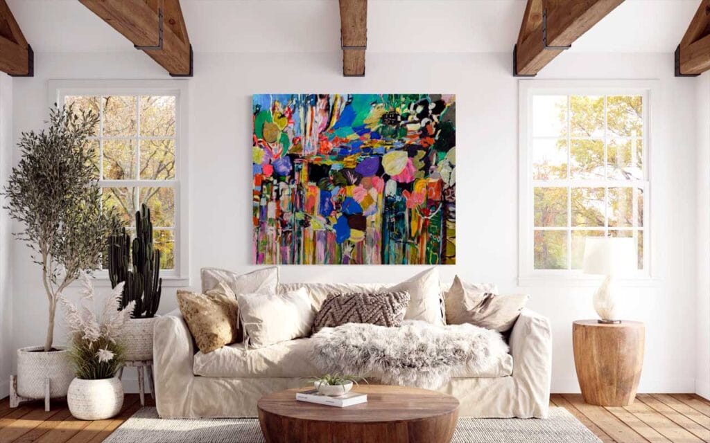 Abstract wall art and decorative vases in a luxury bedroom interior.