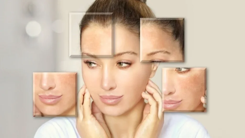 Illustration of different facial zones labeled with skin types: oily, dry, combination, normal, sensitive