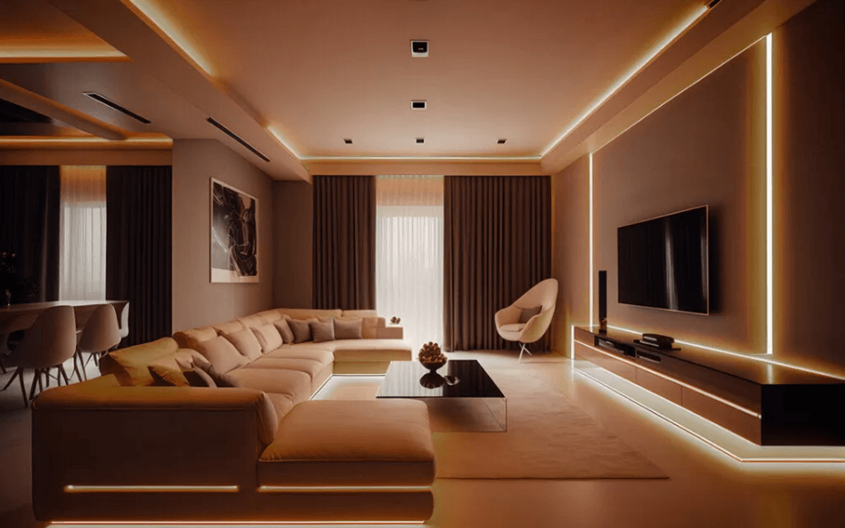 Luxury bedroom chandelier with warm ambient lighting and wall sconces.