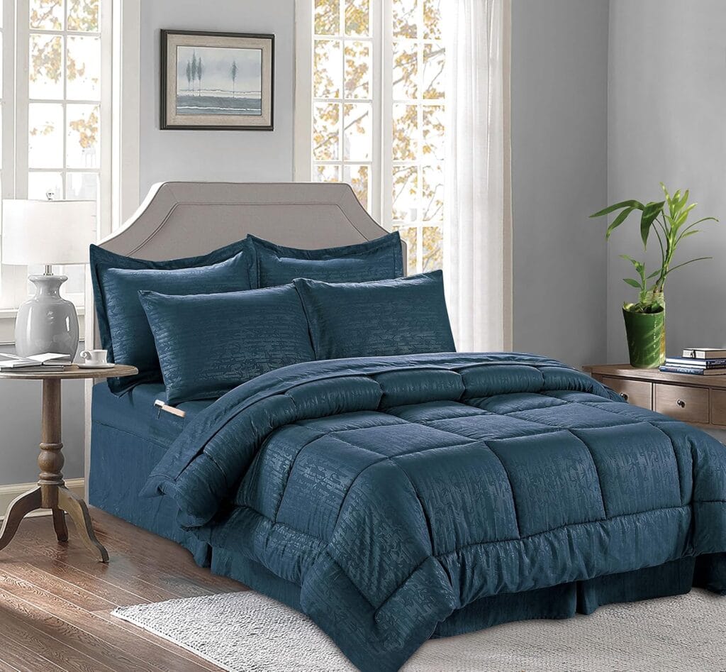 High-thread-count luxury bedding with silk cushions and layered blankets.