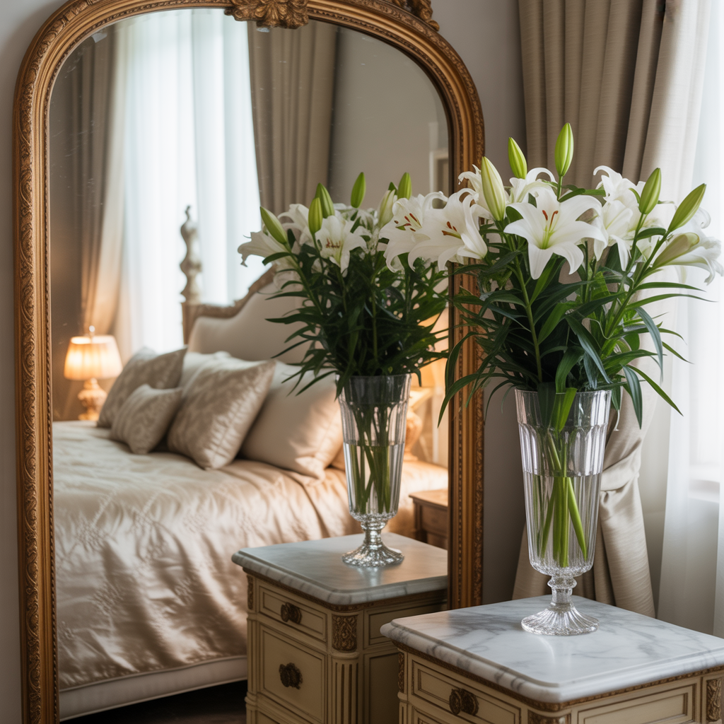 Large framed mirror reflecting natural light in a luxury bedroom.