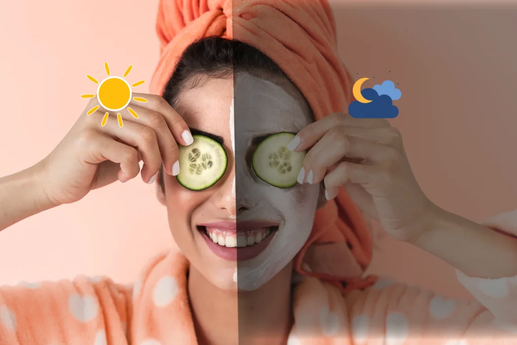 Split image of morning vs night skincare products and application steps