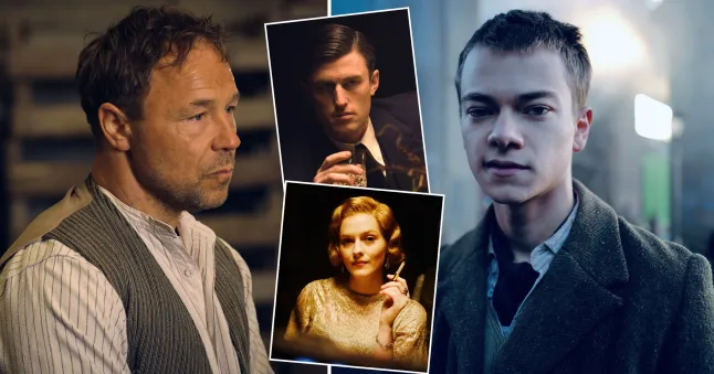 "Tommy Shelby wearing a flat cap and trench coat against industrial Birmingham backdrop"
