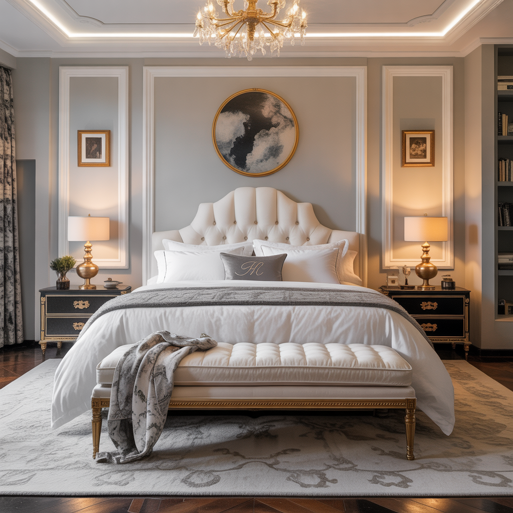 Monogrammed pillows and custom artwork in a personalized luxury bedroom.