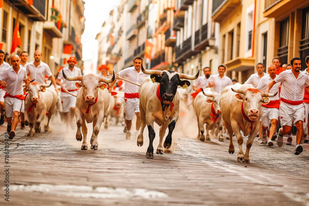 Participants running ahead of bulls through the streets of Pamplona during San Fermin Festival.