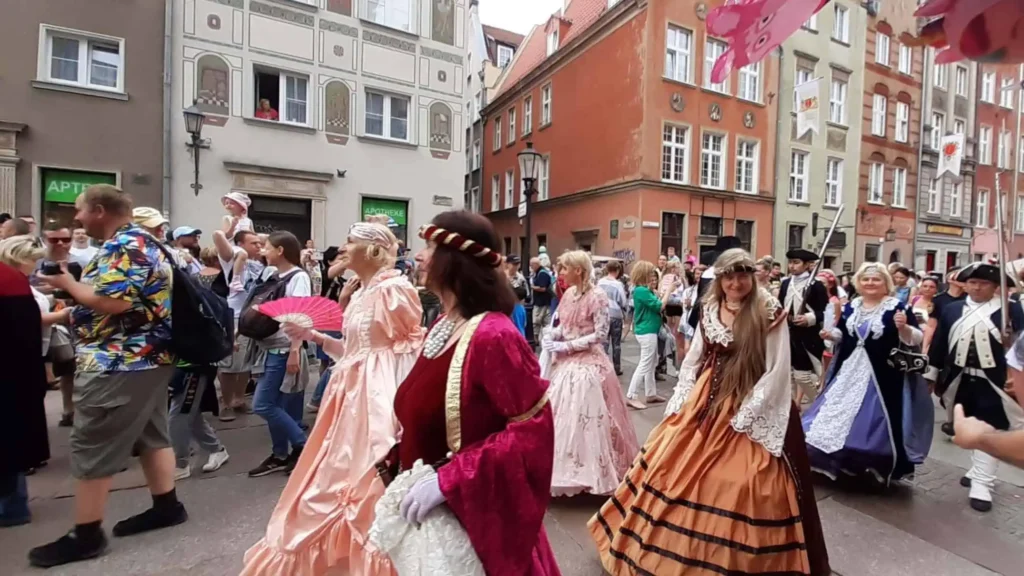 Street stalls and artisans displaying crafts at St. Dominic’s Fair in Gdańsk, Poland.