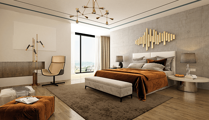 Grand luxury bed with tufted headboard and designer nightstands in a modern bedroom.