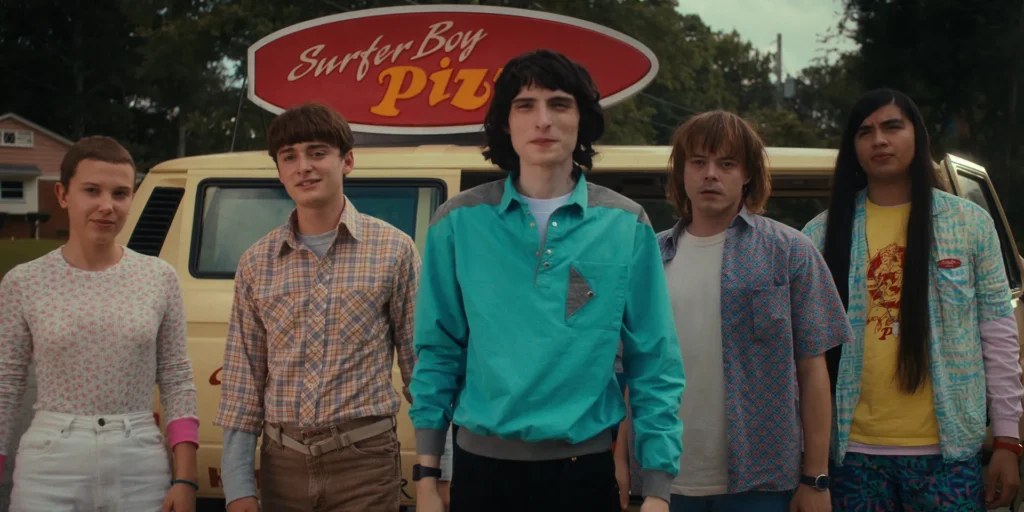 "Stranger Things cast standing together with supernatural dark atmosphere and 1980s vibes"