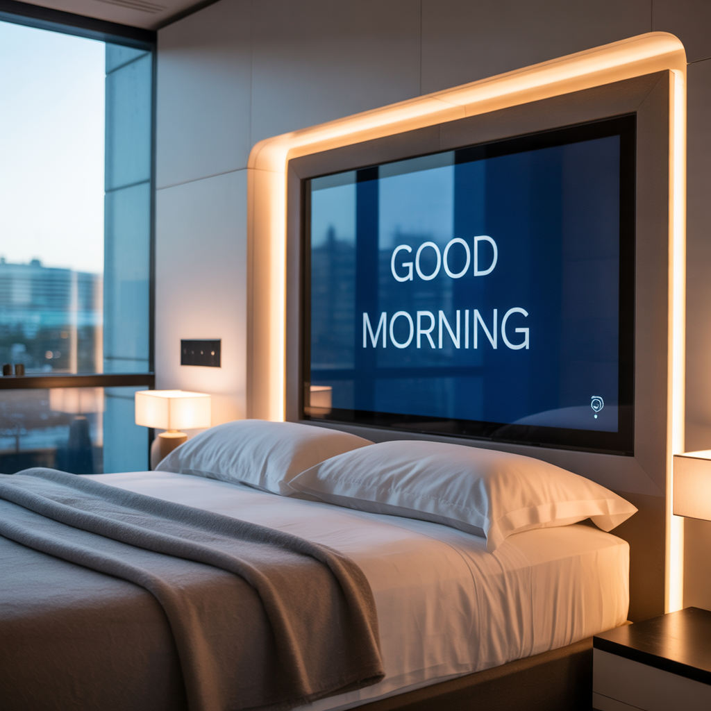 Smart luxury bedroom with automated lighting and motorized curtains.