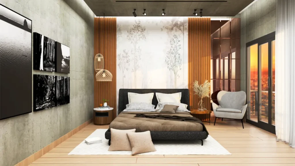 Elegant luxury bedroom with neutral tones, plush bedding, and sophisticated furniture design.