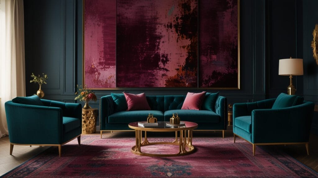 Velvet headboard, silk throws, and layered fabrics in a luxury bedroom.