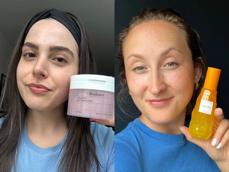 Pouring toner onto a cotton pad before applying to the face