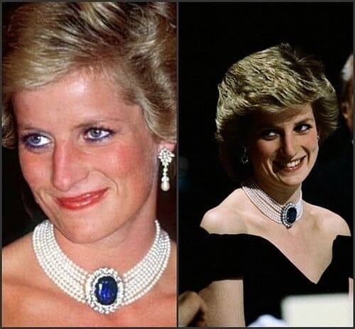 “Princess Diana wearing sapphire jewelry and bold 1980s fashion accessories.”