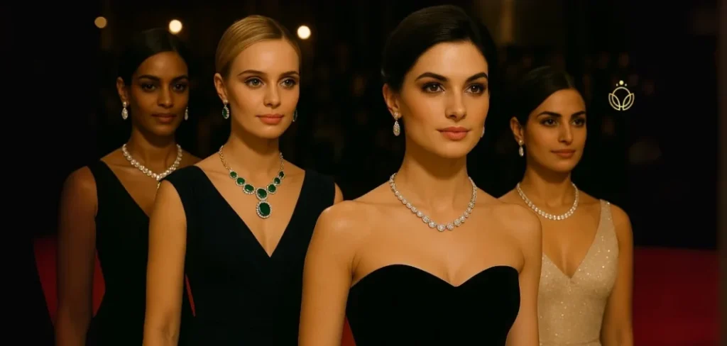 “Modern celebrity wearing sustainable, eco-friendly lab-grown diamond jewelry.”