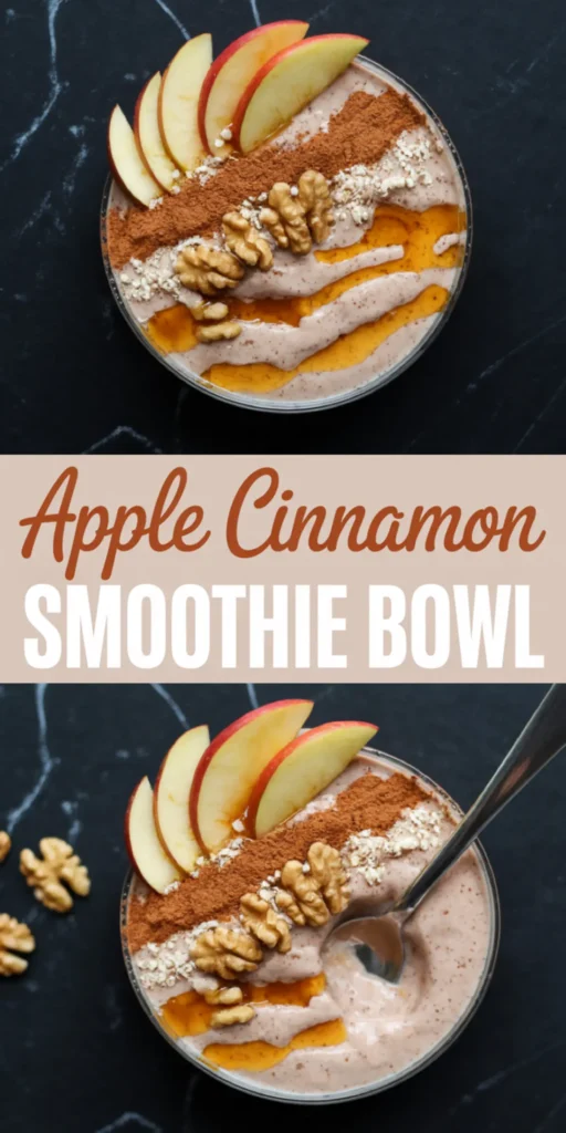 “Apple cinnamon smoothie bowl garnished with apple slices, granola, and a sprinkle of cinnamon powder.”