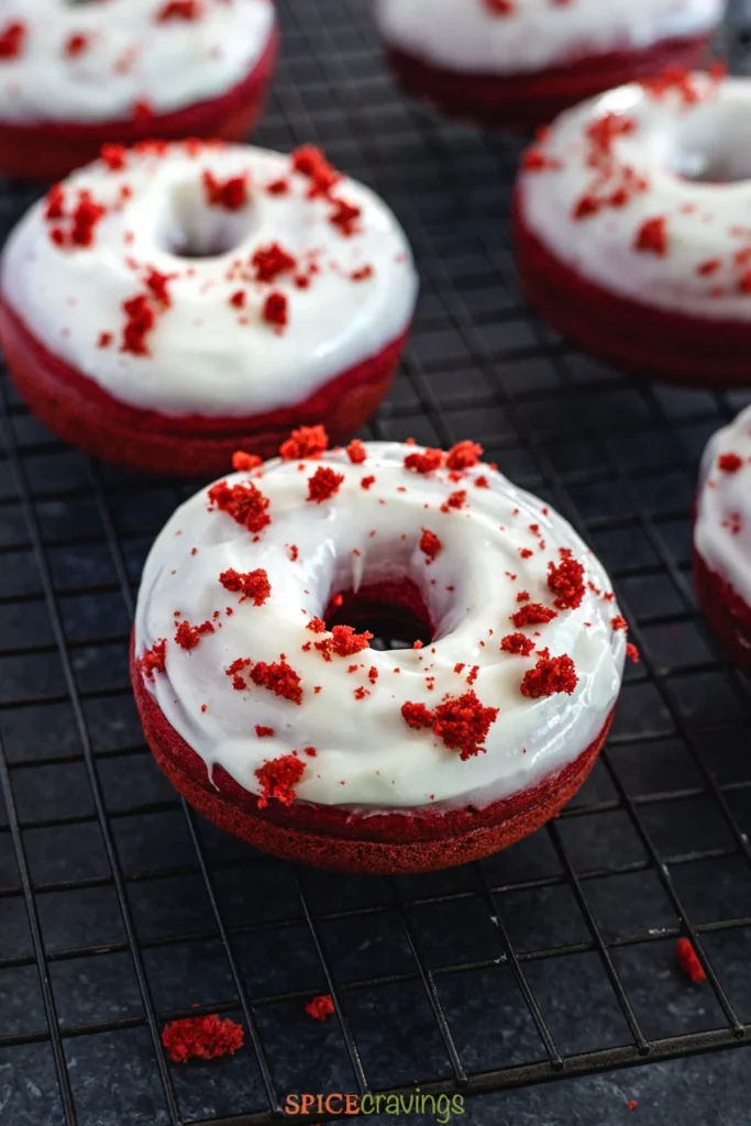 “Baked red velvet donuts with vanilla glaze and pink sprinkles for Valentine’s Day breakfast”