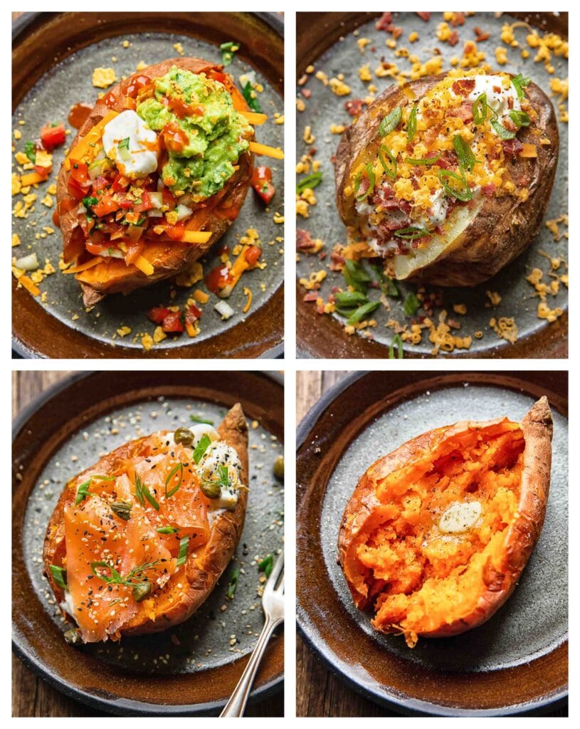“Baked sweet potatoes topped with black beans, avocado, and salsa.”