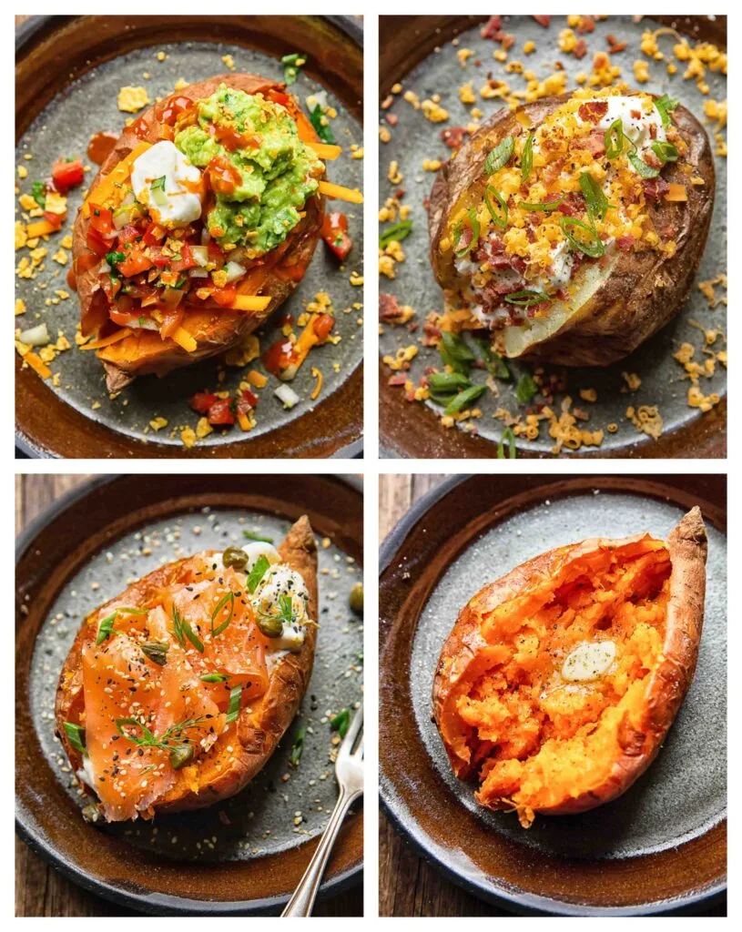 “Baked sweet potatoes topped with black beans, avocado, and salsa.”