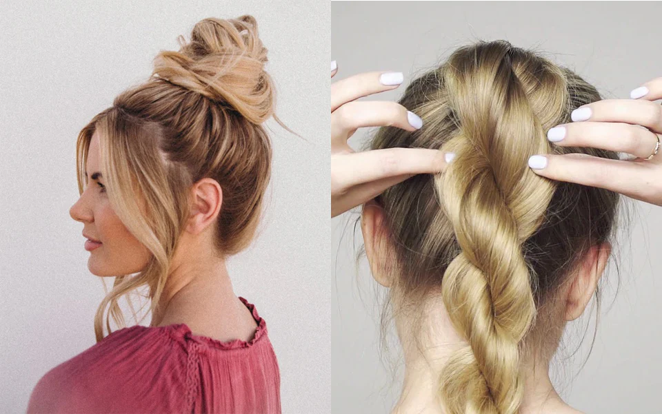 “Woman braiding her hair before sleeping for heatless waves.”