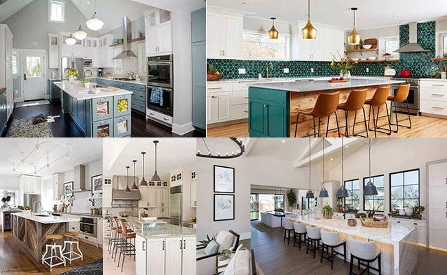 “Farmhouse kitchen painted in soft white and gray tones with distressed wood accents and pastel décor.”