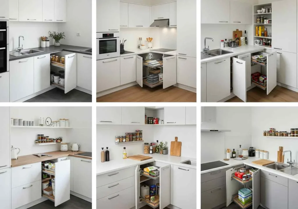 “Open farmhouse kitchen shelving with mason jars, woven baskets, and painted cabinets for affordable storage.”