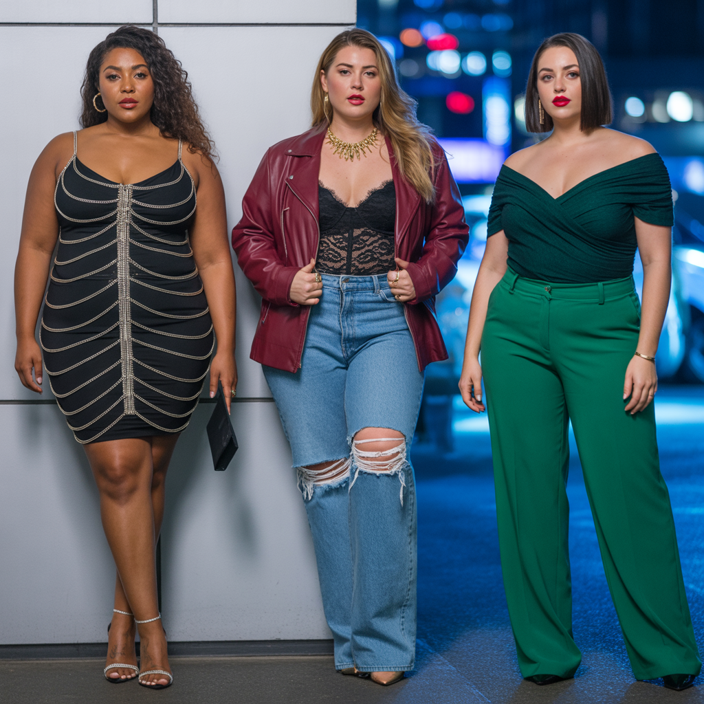 Plus size woman in bodycon dress and heels showing glamorous night-out baddie style.