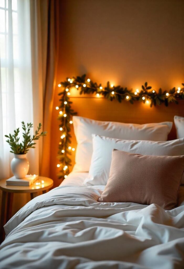 Green garland with red berries and fairy lights draped over a bed headboard, bringing rustic Christmas charm.