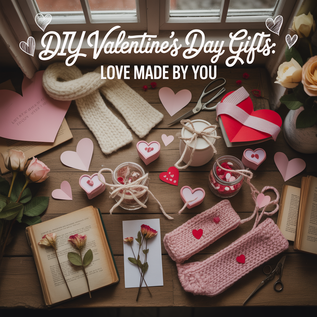 Handmade Valentine’s Day gifts including love coupons, handwritten letters, and homemade desserts.