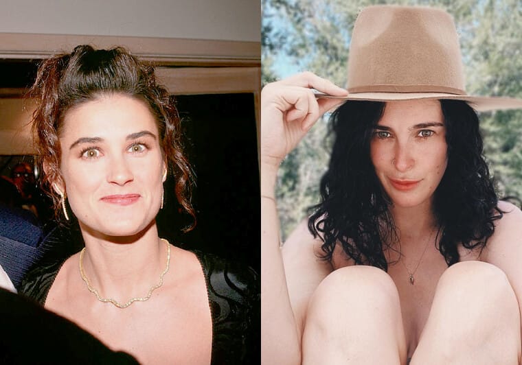 Demi Moore and her daughter Rumer Willis posing together, reflecting their strong family resemblance.