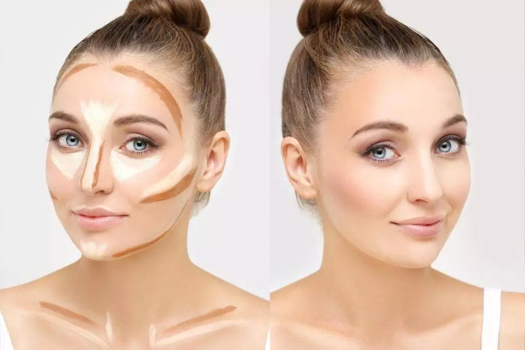 "Before-and-after image of heavily contoured makeup versus natural facial shaping."