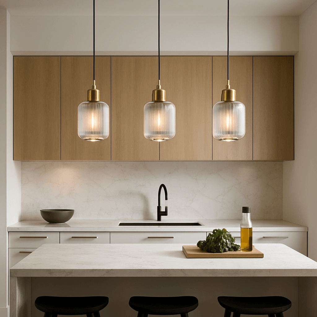 “Farmhouse kitchen lighting with mason jar pendant lights and industrial-style fixtures over a wooden island.”