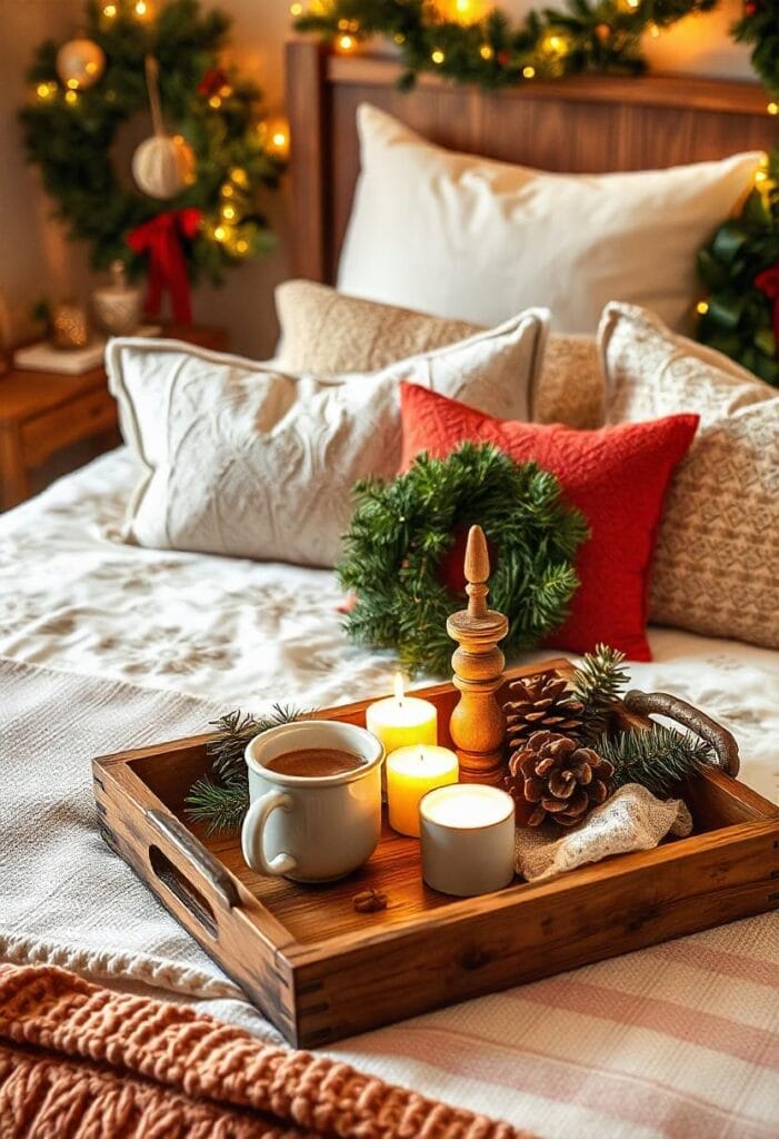 Rustic farmhouse bedroom with wooden signs, pine accents, and cozy Christmas décor.
