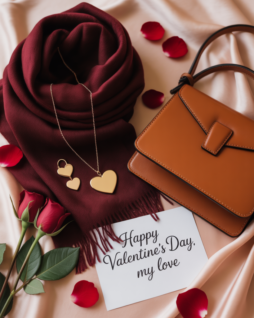 Stylish Valentine’s Day gift ideas like perfume, matching couple outfits, and leather handbag.