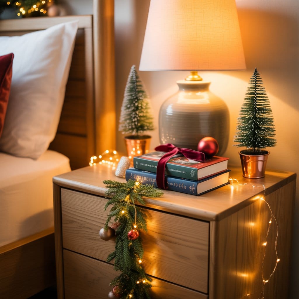 Holiday-themed nightstand with a mini tree, snow globe, and candles arranged on a decorative tray.