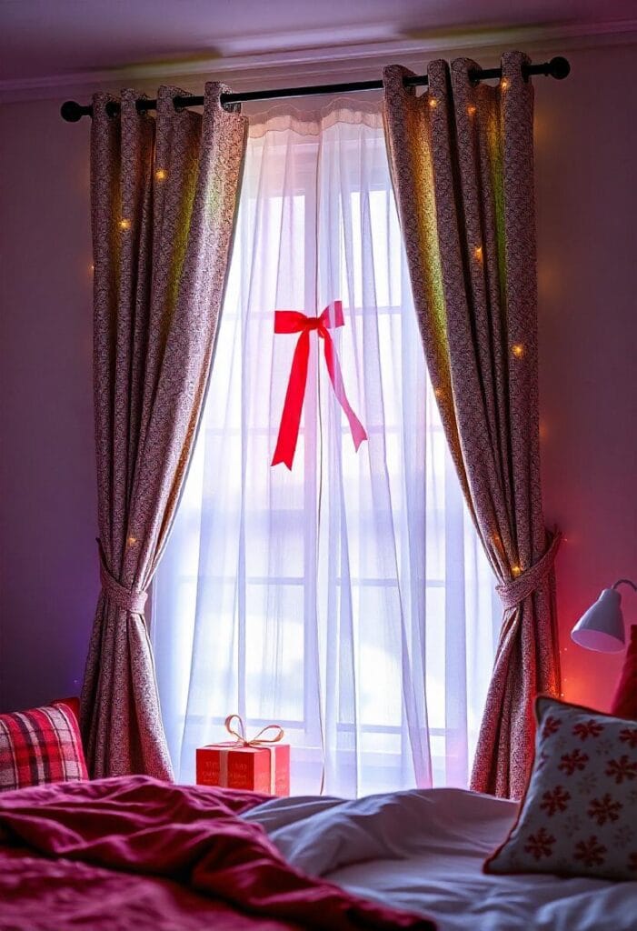 Bedroom windows decorated with Christmas curtains, garlands, and twinkling string lights for a holiday look.