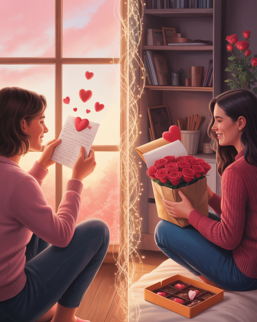 Long-distance Valentine’s Day gift box with letters, photo book, and customized jewelry.