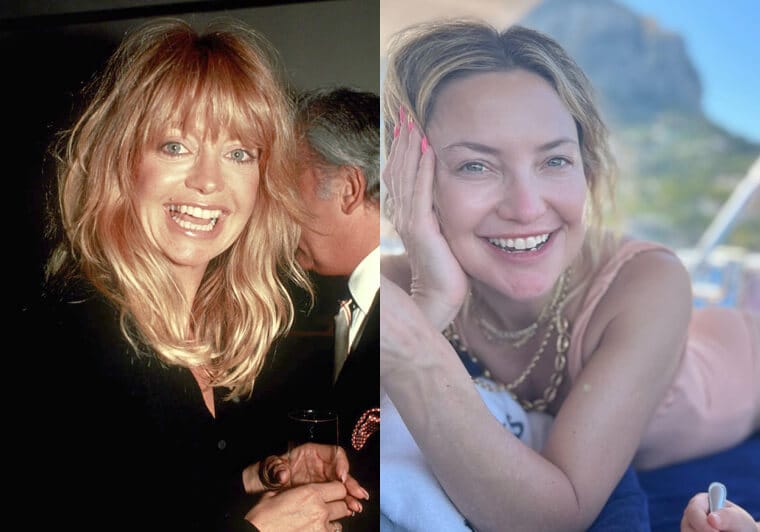 Goldie Hawn and Kate Hudson smiling side-by-side, showing their iconic mother-daughter look.