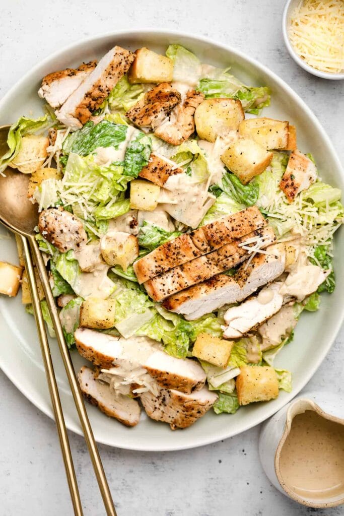 “Grilled chicken Caesar salad with Greek yogurt dressing and whole grain croutons.”