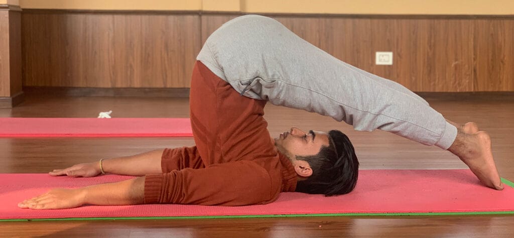 “Plow pose yoga position for skin detox and hormonal balance.”