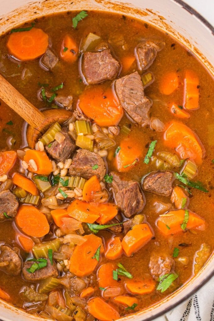 Rich, dark beef and barley soup served in a rustic bowl, with chunks of beef and vegetables visible.