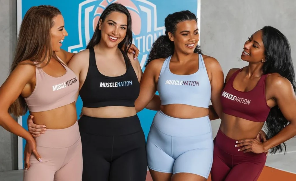 “Different women wearing gym outfits suited to their body types.”
