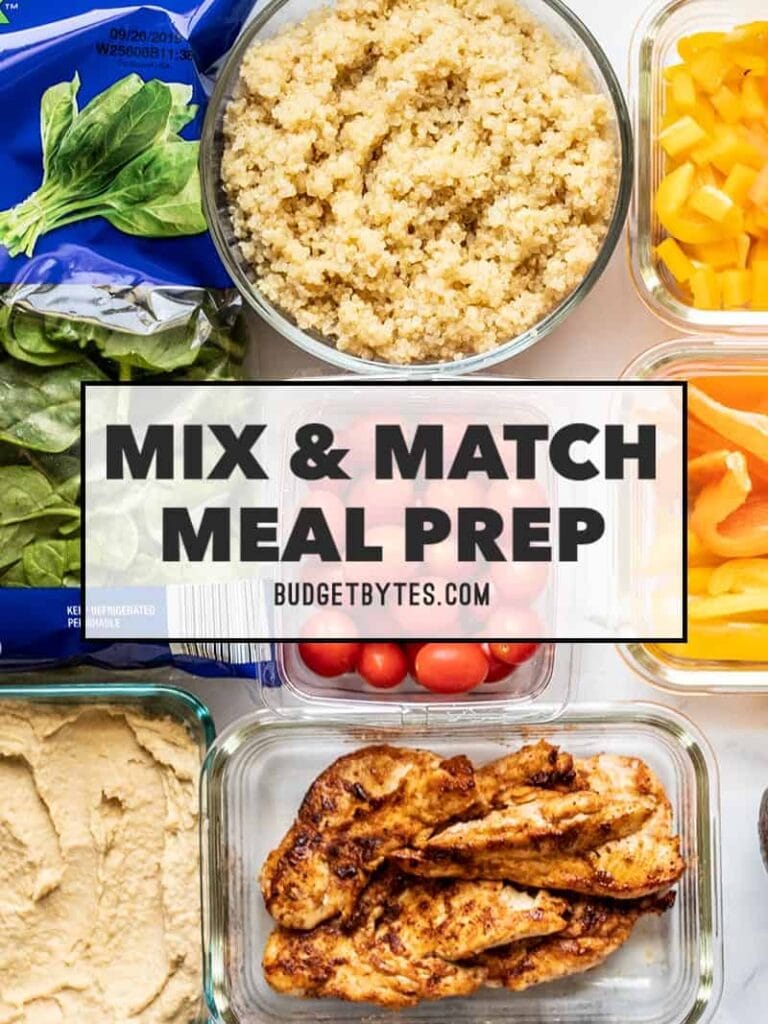 “Ingredients for balanced meals including proteins, grains, and colorful vegetables laid out on a counter.”
