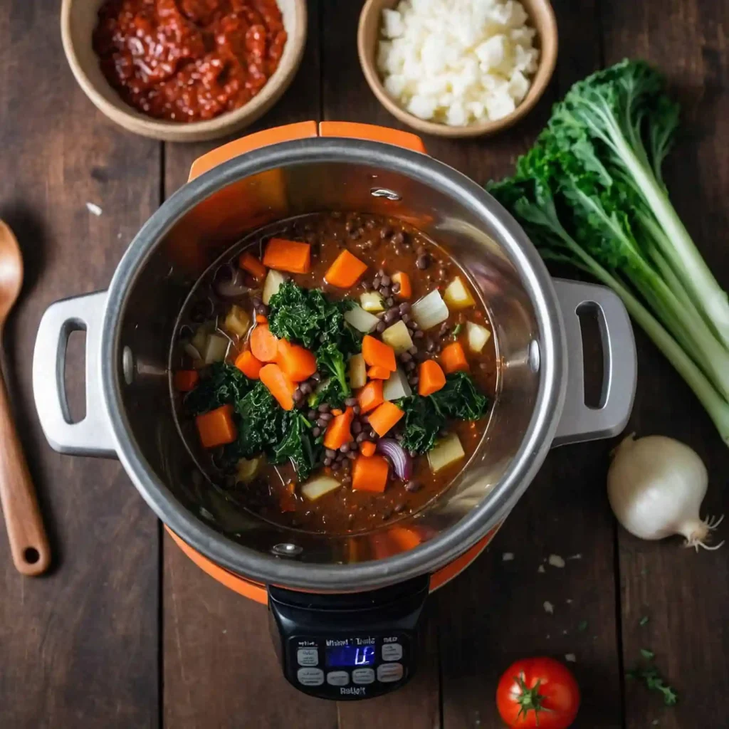 Bowl of thick lentil soup with diced vegetables, garnished with a sprinkle of parsley.