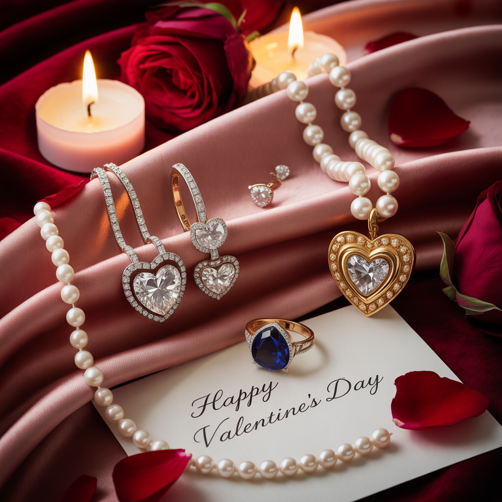 Elegant Valentine’s Day jewelry set with gold bracelet, couple rings, and heart-shaped pendant.