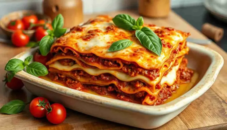 “Layered lasagna alla Bolognese with meat sauce, béchamel, and cheese – traditional Italian comfort food to make at home.”